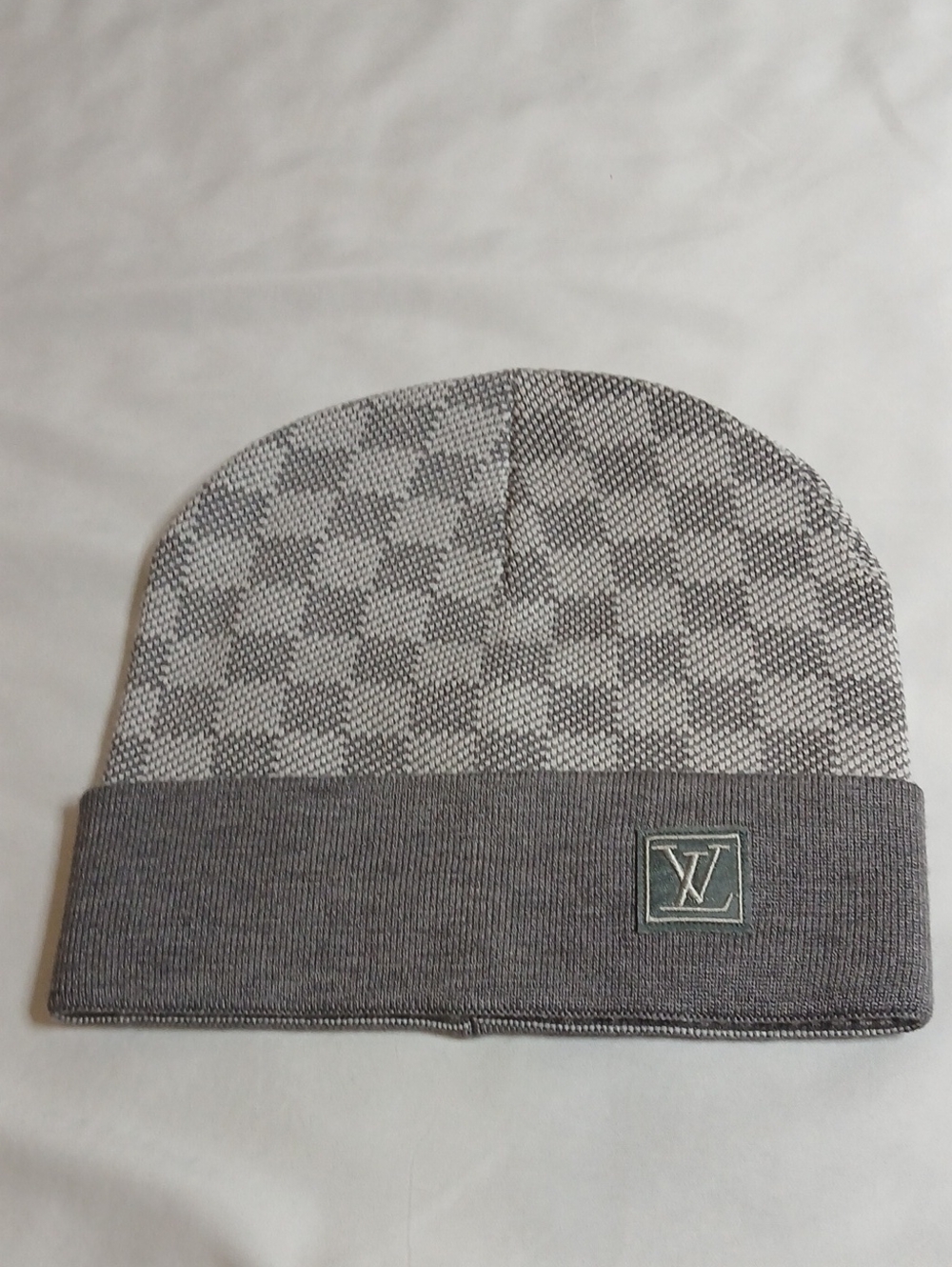 Louis Vuitton Gray Checkered Knit Beanie with Brim Patch